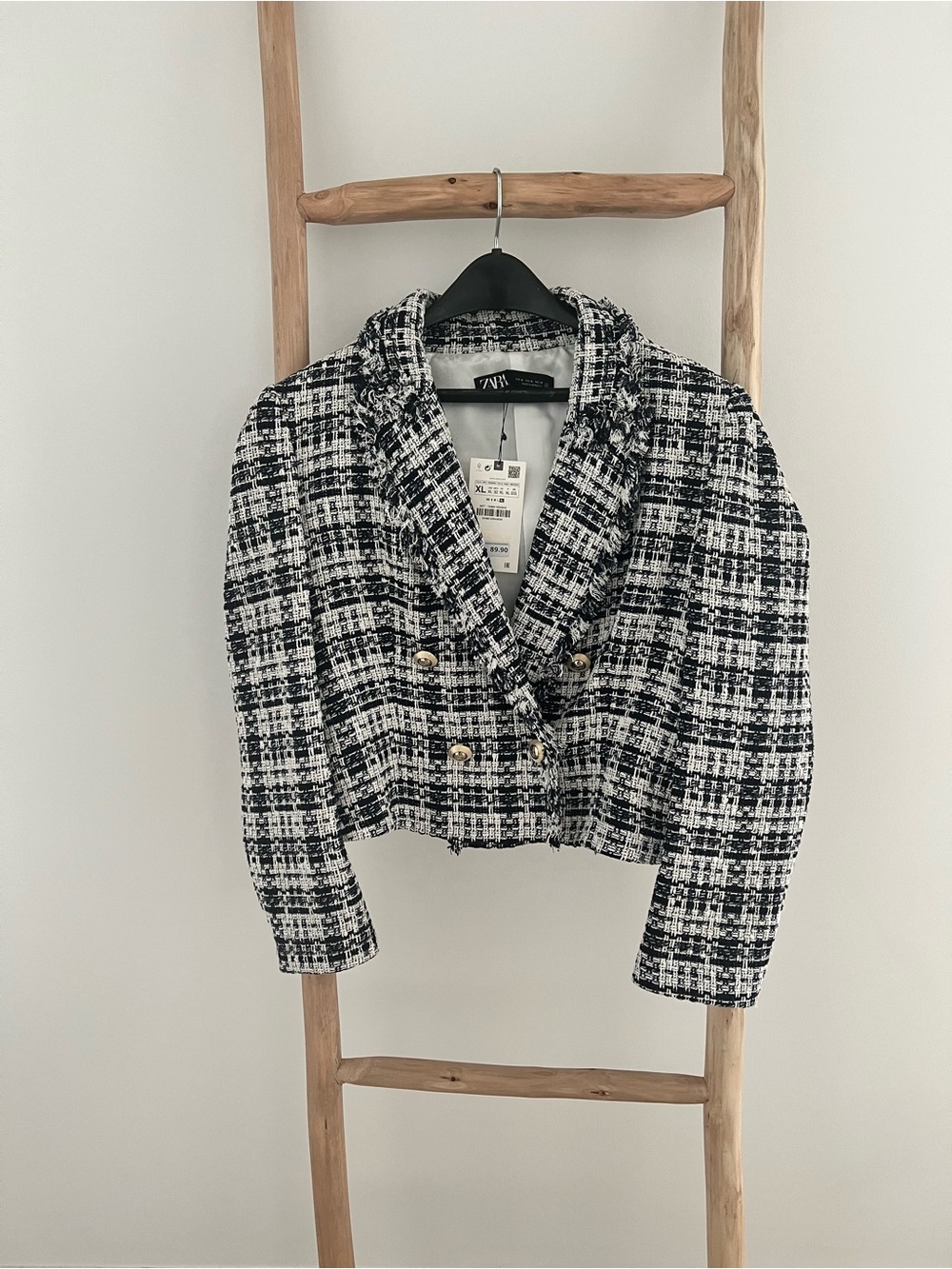 Zara Black & White Tweed Double-Breasted Cropped Blazer
